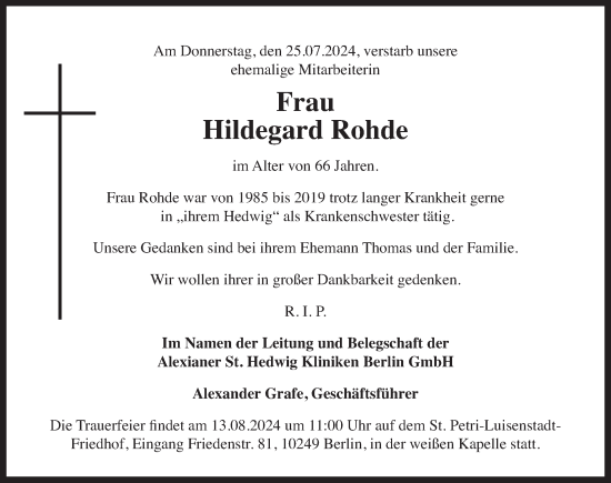 Traueranzeige von Hildegard Rohde von Berliner Zeitung