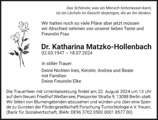 Traueranzeige von Katharina Matzko-Hollenbach von Berliner Zeitung