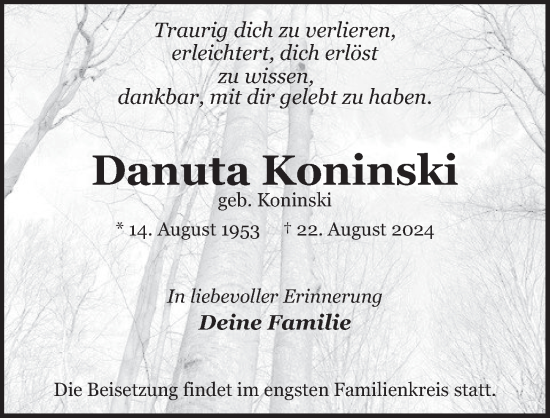 Traueranzeige von Danuta Koninski von Berliner Zeitung