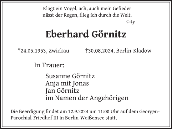 Traueranzeige von Eberhard Görnitz von Berliner Zeitung