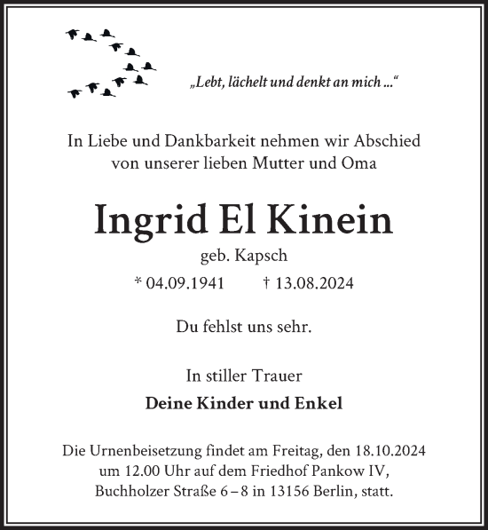 Traueranzeige von Ingrid El Kinein von Berliner Zeitung