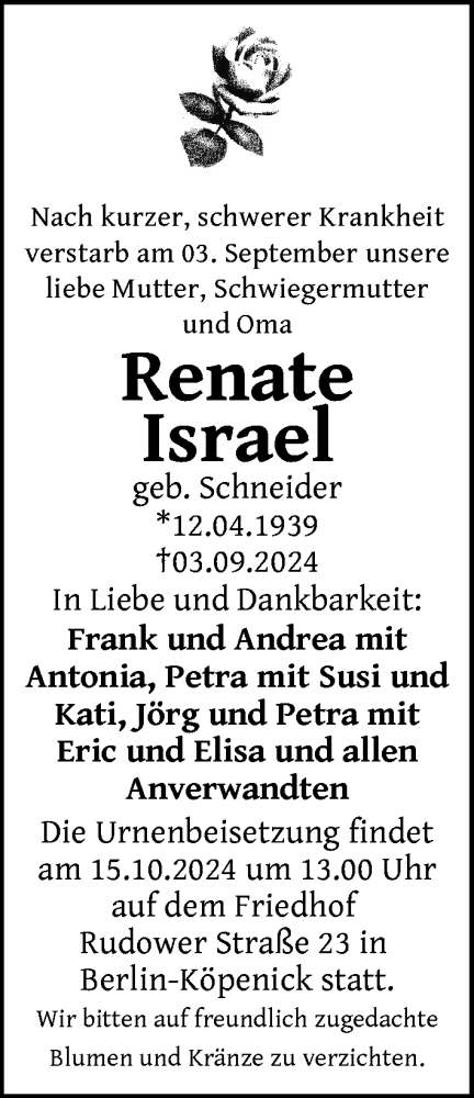 Traueranzeige von Renate Israel von Berliner Zeitung