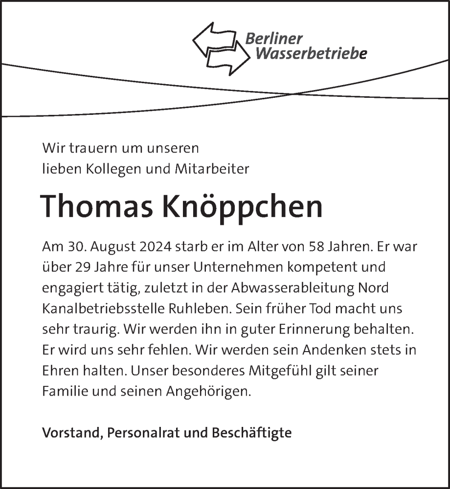  Traueranzeige für Thomas Knöppchen vom 21.09.2024 aus Berliner Zeitung