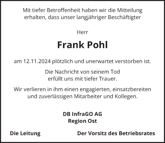 Traueranzeige von Frank Pohl von Berliner Zeitung