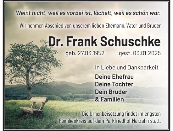 Traueranzeige von Frank Schuschke von Berliner Zeitung