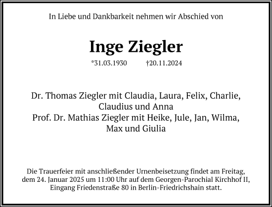 Traueranzeige von Inge Ziegler von Berliner Zeitung