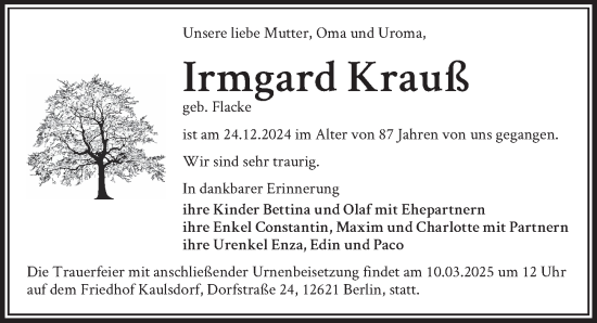 Traueranzeige von Irmgard Krauß von Berliner Zeitung