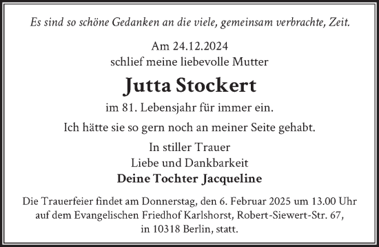 Traueranzeige von Jutta Stockert von Berliner Zeitung