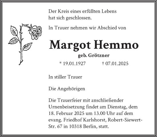 Traueranzeige von Margot Hemmo von Berliner Zeitung