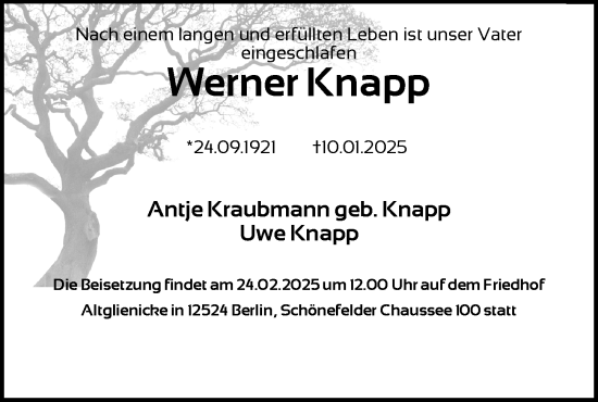 Traueranzeige von Werner Knapp von Berliner Zeitung