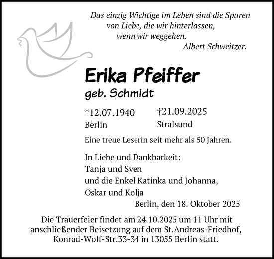 Traueranzeige von Erika Pfeiffer von Berliner Zeitung