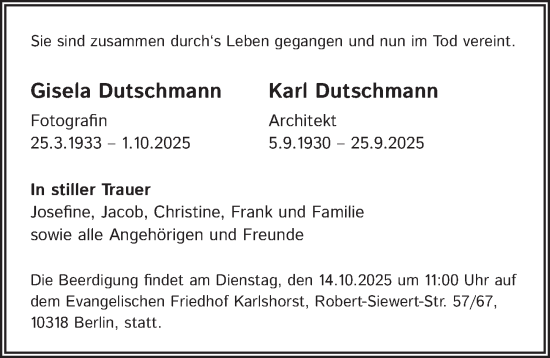 Traueranzeige von Gisela u. Karl Dutschmann von Berliner Zeitung