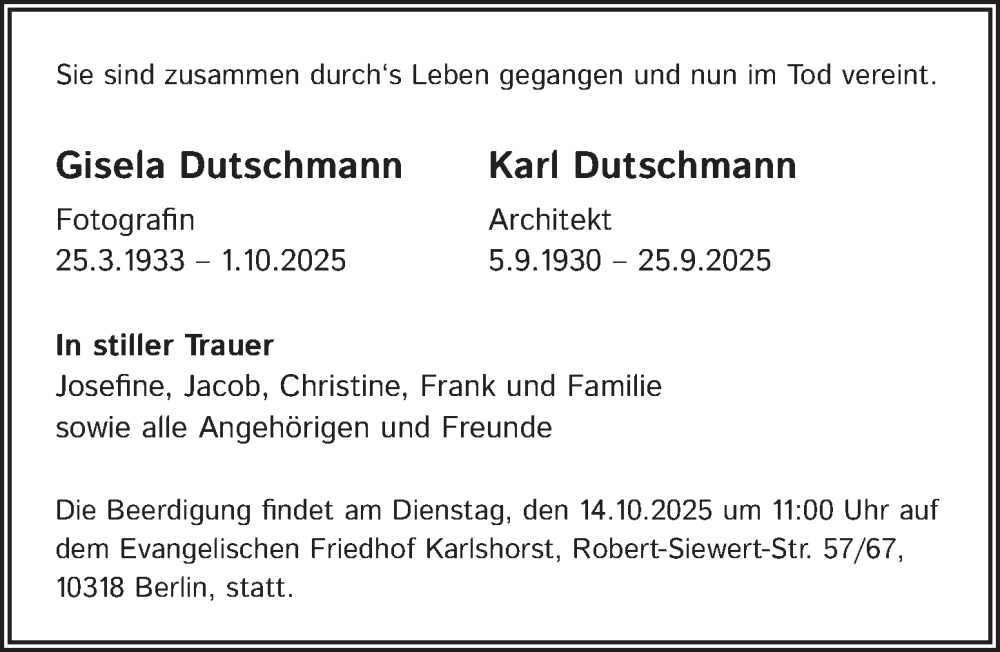  Traueranzeige für Gisela u. Karl Dutschmann vom 08.10.2025 aus Berliner Zeitung