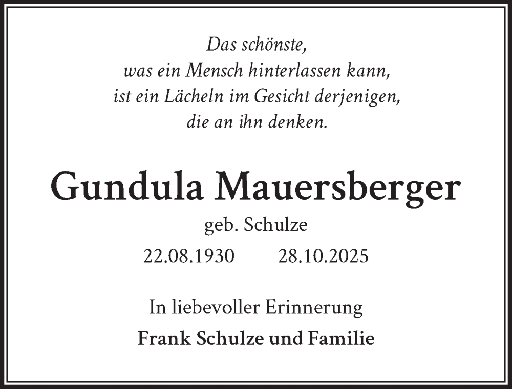  Traueranzeige für Gundula Mauersberger vom 01.11.2025 aus Berliner Zeitung