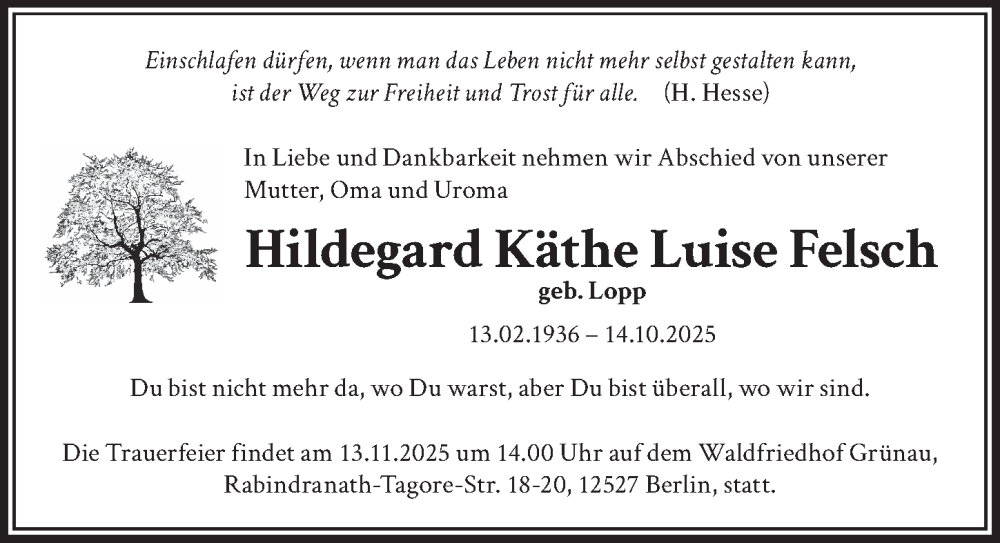  Traueranzeige für Hildegard Käthe Luise Felsch vom 25.10.2025 aus Berliner Zeitung