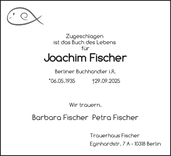 Traueranzeige von Joachim Fischer von Berliner Zeitung