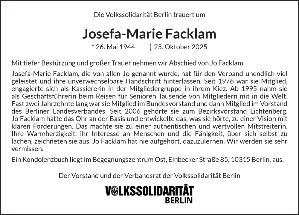  Traueranzeige für Josefa-Marie Facklam vom 01.11.2025 aus Berliner Zeitung