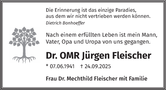 Traueranzeige von Jürgen Fleischer von Berliner Zeitung