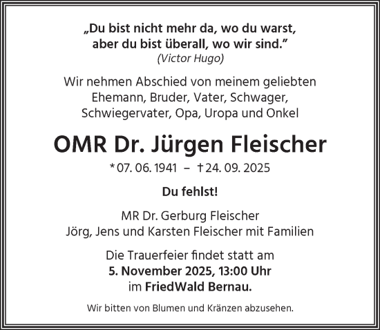 Traueranzeige von Jürgen Fleischer von Berliner Zeitung