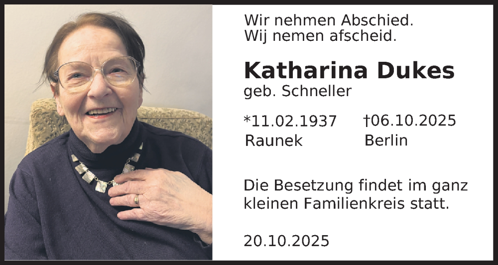  Traueranzeige für Katharina Dukes vom 01.11.2025 aus Berliner Zeitung