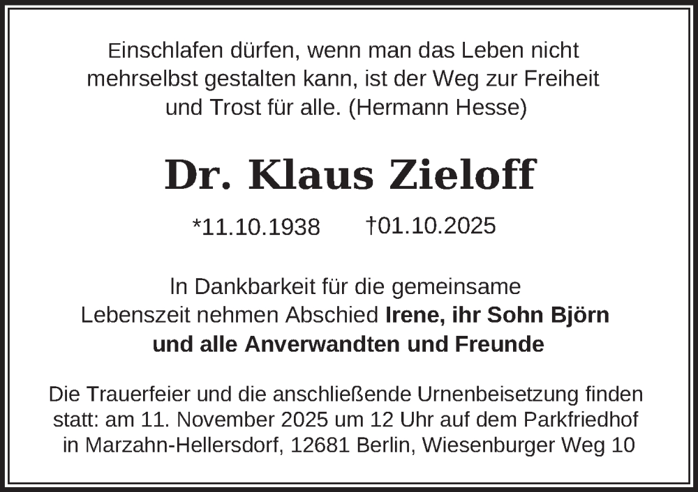  Traueranzeige für Klaus Zieloff vom 14.10.2025 aus Berliner Zeitung