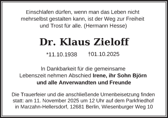 Traueranzeige von Klaus Zieloff von Berliner Zeitung