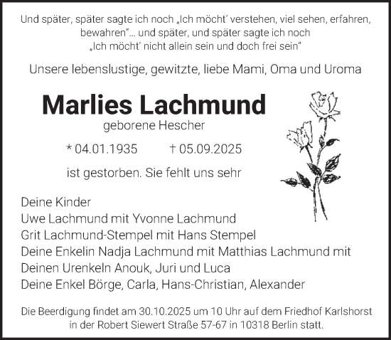 Traueranzeige von Marlies Lachmund von Berliner Zeitung