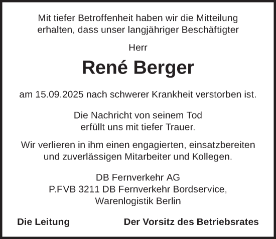 Traueranzeige von René Berger von Berliner Zeitung