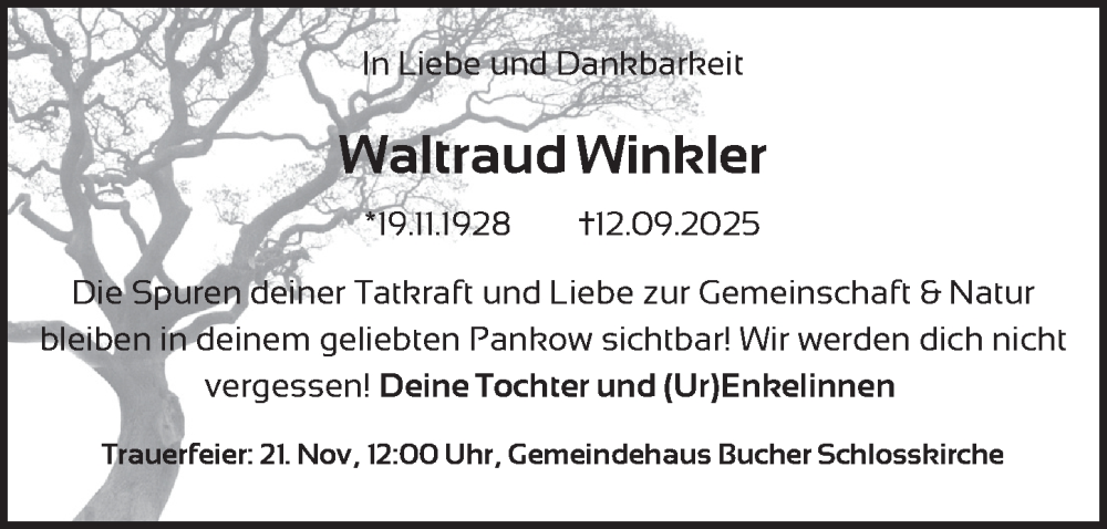  Traueranzeige für Waltraud Winkler vom 15.10.2025 aus Berliner Zeitung