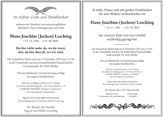 Traueranzeige von Hans-Joachim Lesching von Berliner Zeitung