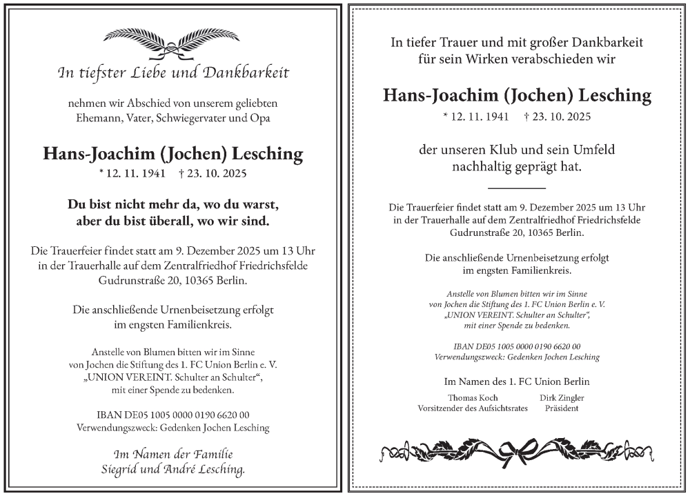  Traueranzeige für Hans-Joachim Lesching vom 29.11.2025 aus Berliner Zeitung