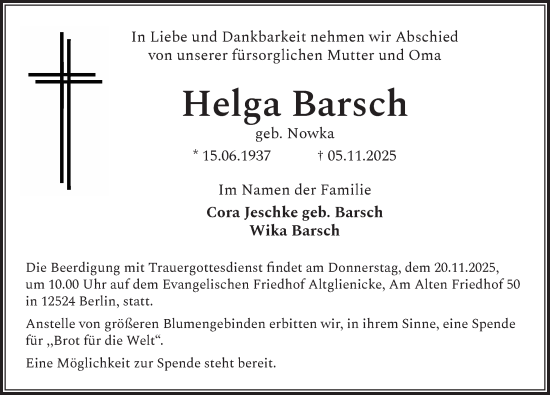 Traueranzeige von Helga Barsch von Berliner Zeitung