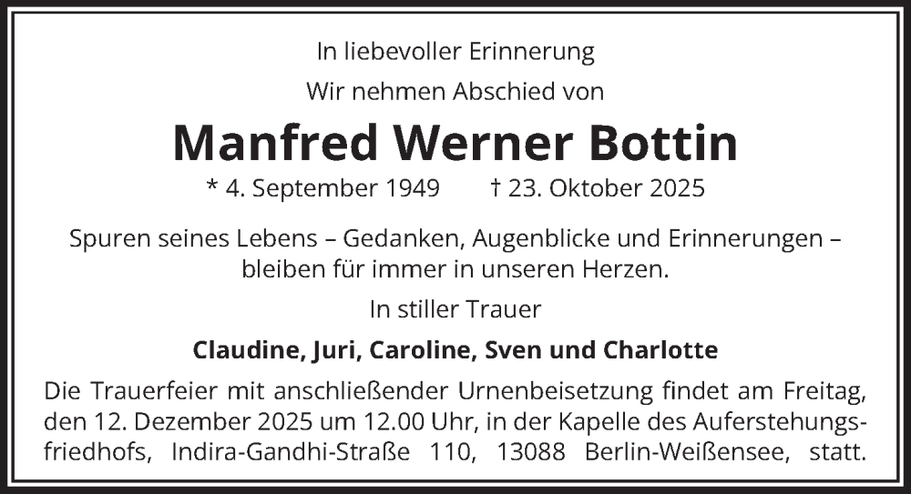  Traueranzeige für Manfred Werner Bottin vom 28.11.2025 aus Berliner Zeitung
