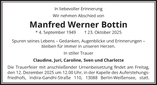 Traueranzeige von Manfred Werner Bottin von Berliner Zeitung