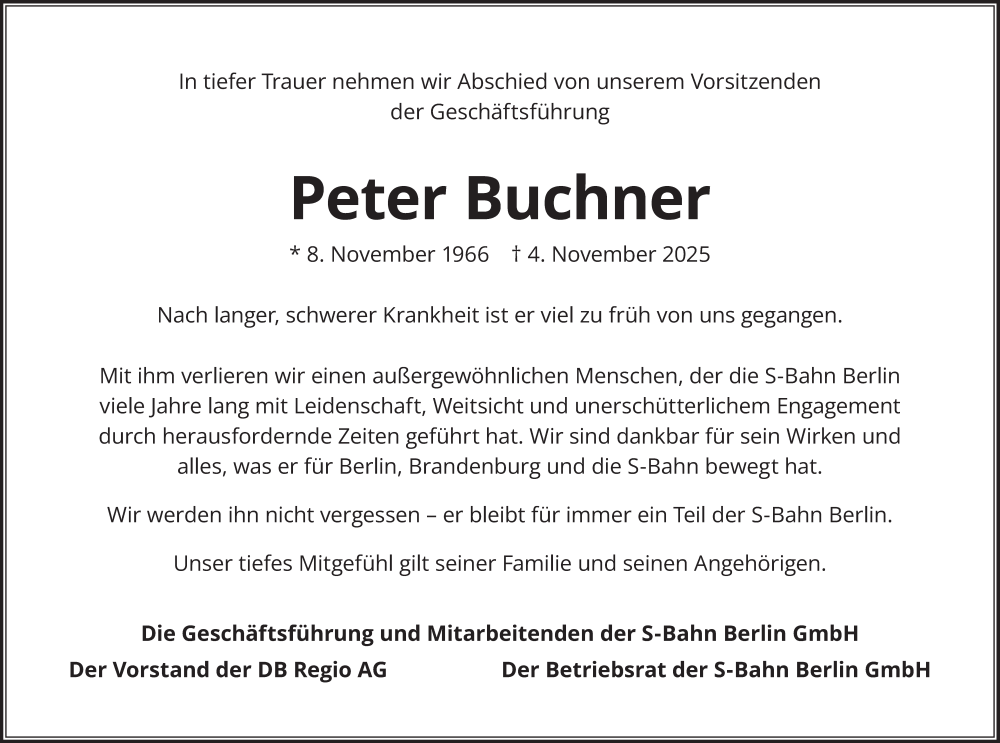  Traueranzeige für Peter Buchner vom 08.11.2025 aus Berliner Zeitung
