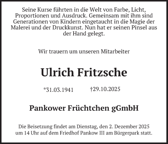 Traueranzeige von Ulrich Fritzsche von Berliner Zeitung