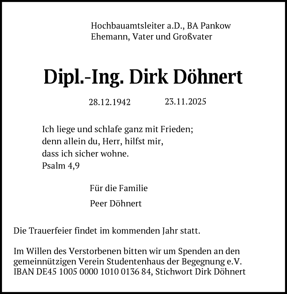  Traueranzeige für Dirk Döhnert vom 06.12.2025 aus Berliner Zeitung