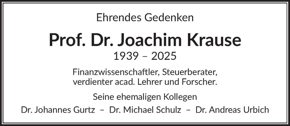  Traueranzeige für Joachim Krause vom 13.12.2025 aus Berliner Zeitung
