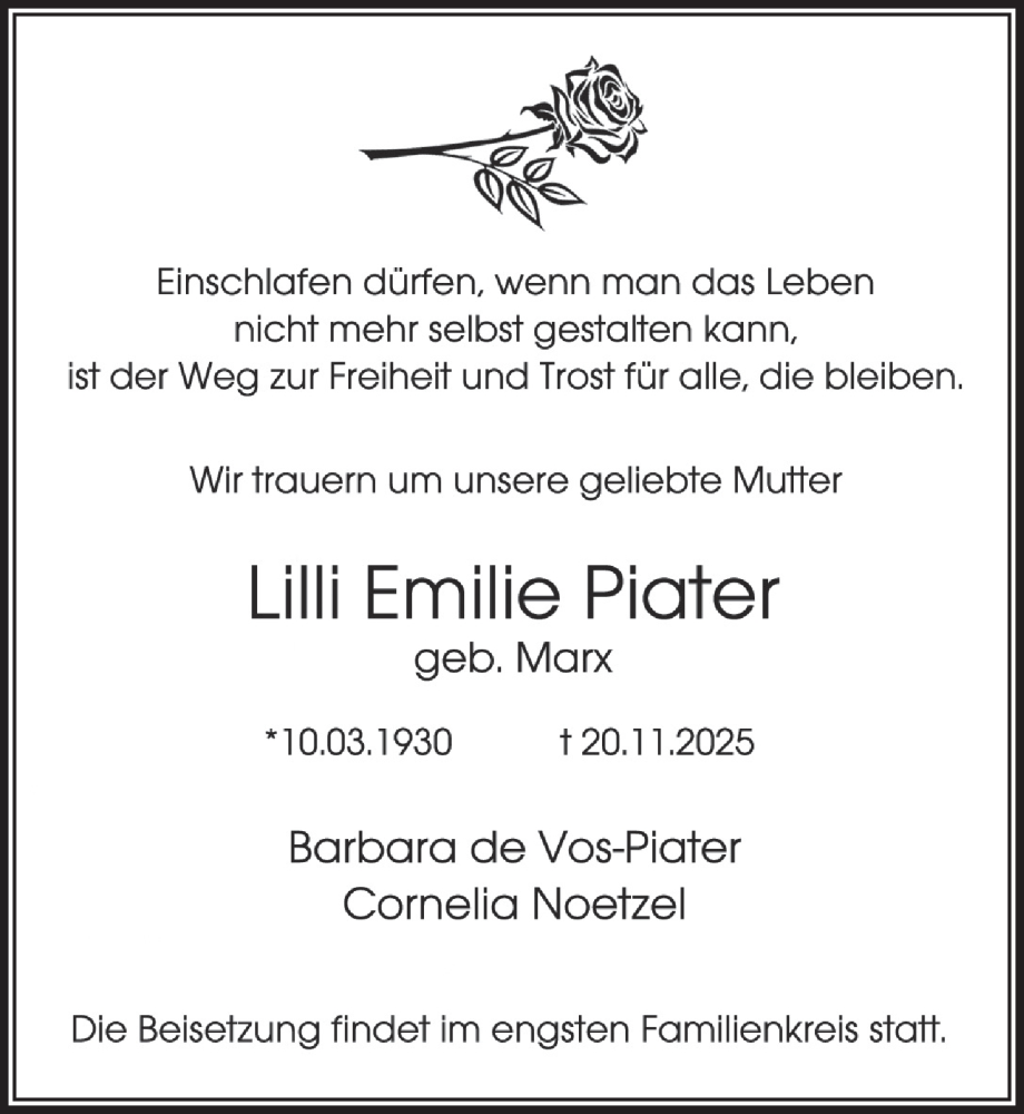  Traueranzeige für Lilli Emilie Piater vom 06.12.2025 aus Berliner Zeitung