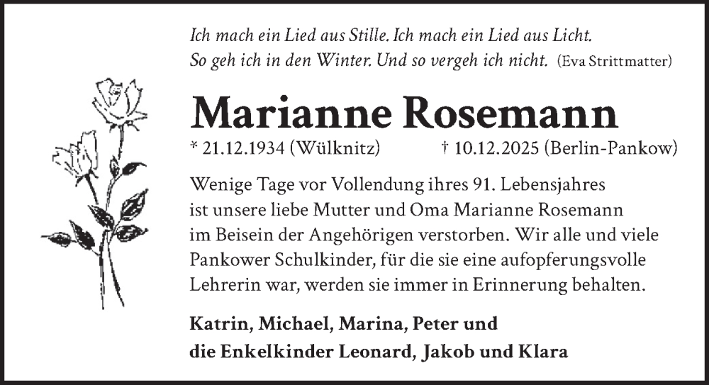  Traueranzeige für Marianne Rosemann vom 20.12.2025 aus Berliner Zeitung