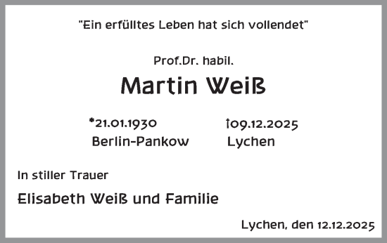 Traueranzeige von Martin Weiß von Berliner Zeitung