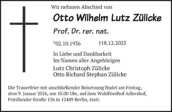 Traueranzeige von Otto Wilhelm Lutz Zülicke von Berliner Zeitung