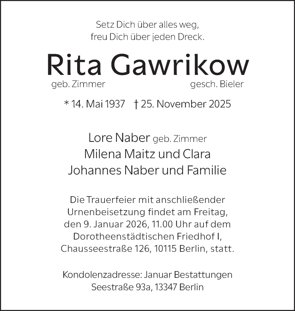  Traueranzeige für Rita Gawrikow vom 24.12.2025 aus Berliner Zeitung
