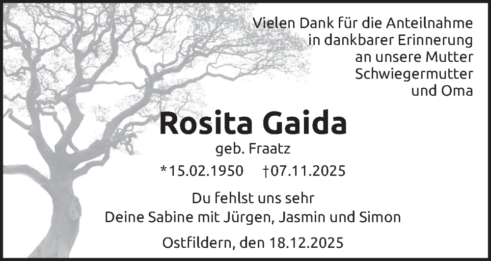  Traueranzeige für Rosita Gaida vom 20.12.2025 aus Berliner Zeitung