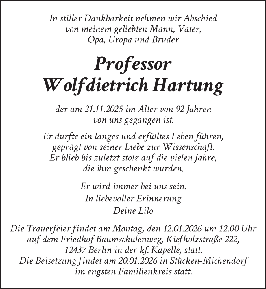  Traueranzeige für Wolfdietrich Hartung vom 13.12.2025 aus Berliner Zeitung