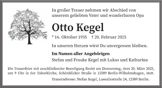 Traueranzeige von Otto Kegel von Berliner Zeitung