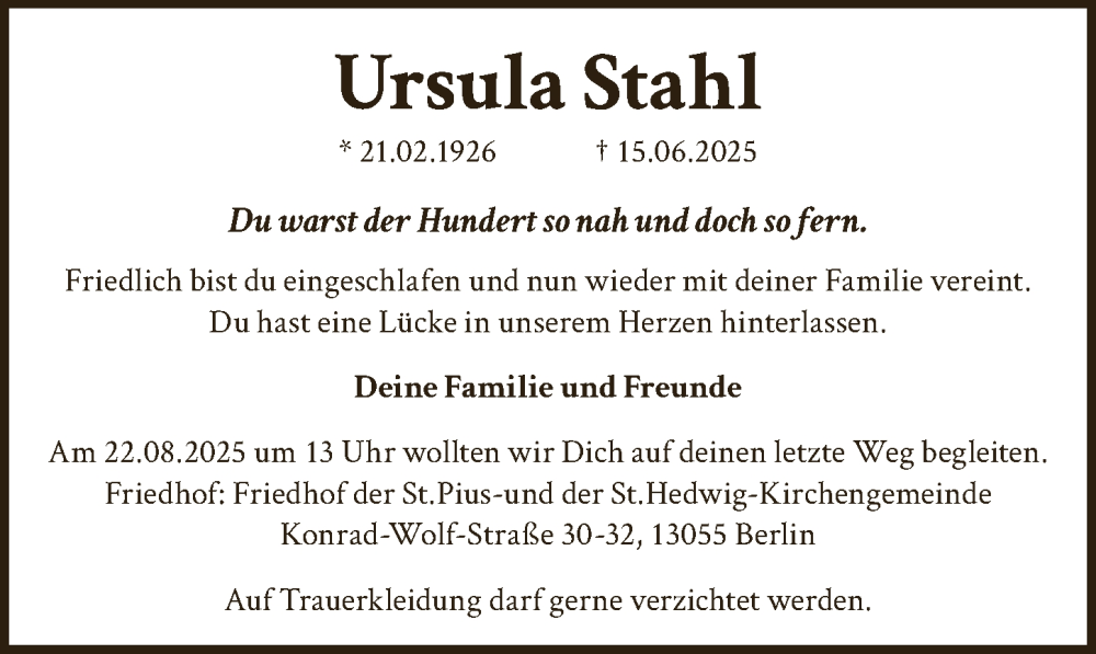  Traueranzeige für Ursula Stahl vom 09.08.2025 aus Berliner Zeitung