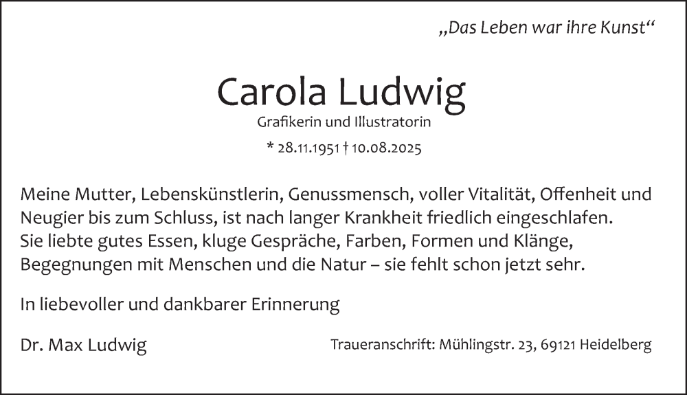  Traueranzeige für Carola Ludwig vom 16.08.2025 aus Berliner Zeitung