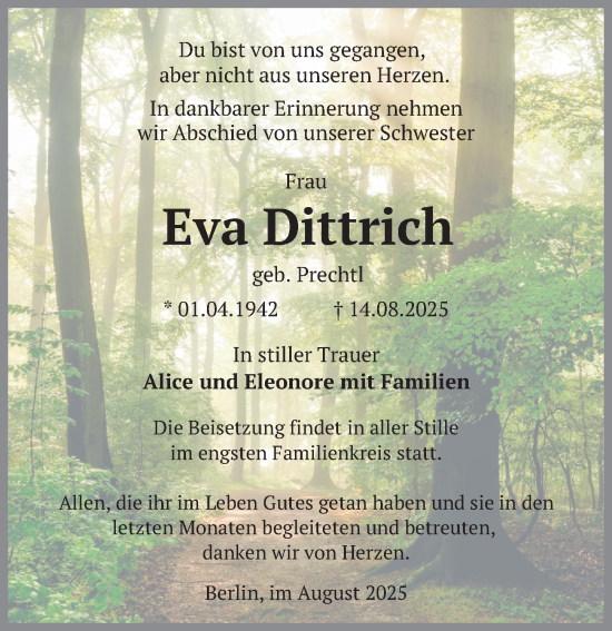 Traueranzeige von Eva Dittrich von Berliner Zeitung
