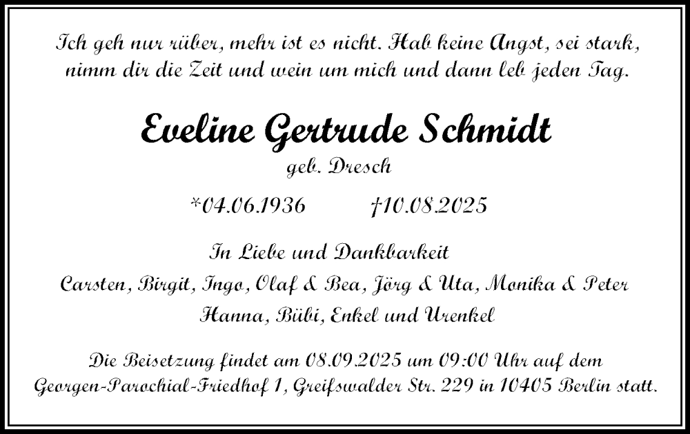  Traueranzeige für Eveline Gertrude Schmidt vom 23.08.2025 aus Berliner Zeitung